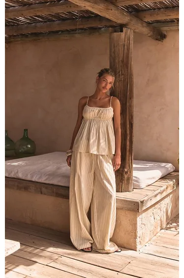 Yellow Pinstripe Cotton Elasticated Trousers