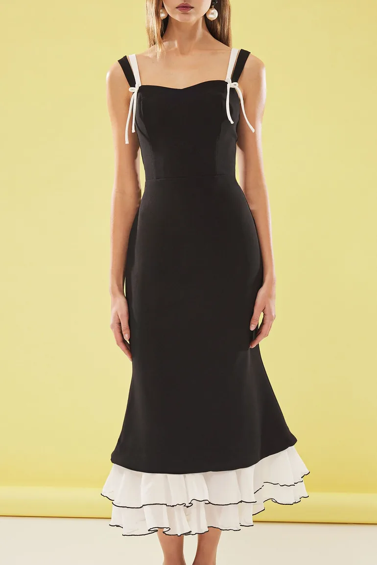 فستان بفيونكة لون أسود و أبيض - 1