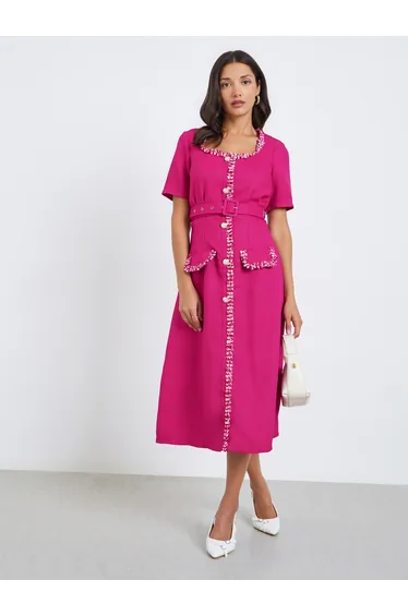 Women Tweed Look Midi Evening Dress with Belt