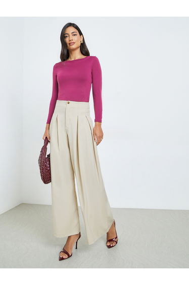 Cream Solid Box Pleated Pants
