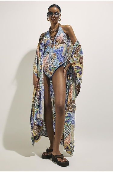 Blue Metallic Abstract Print Plunge Swimsuit
