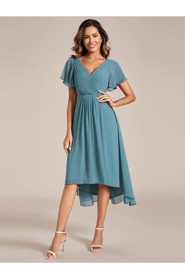 ever FAYE|Chic V Neck Asymmetrical Hem Ruffles Sleeve Pleated Chiffon Wedding Guest Dress