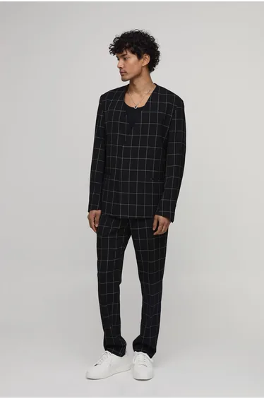 Windowpane Checked Straight Fit Tailored Trousers - black