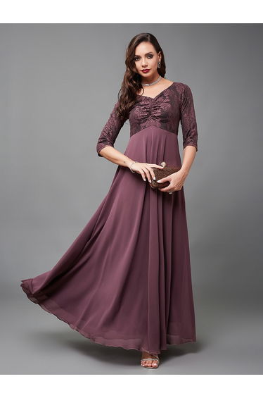Mauve Lace Insert 3/4 Sleeves Maxi Dress