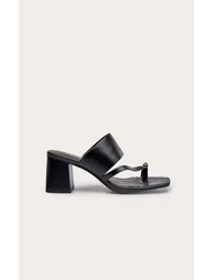 Black Wide Fit Gold Toe Loop Block Heeled Mules - 2