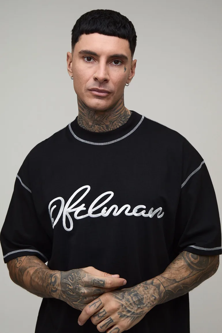 Tall Oversized Exposed Seam Contrast Stitch Embroidered T-Shirt - black - 2