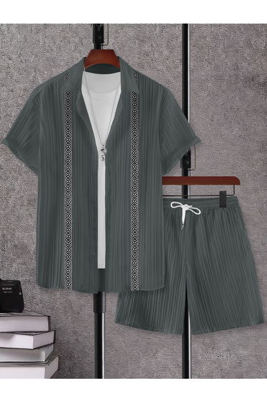 Men Charcoal Jacquard Detail Short Sleeve Button Front Shirt and Shorts Co-Ords