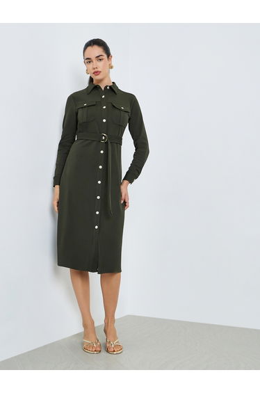 Women Olive Belted Shirt Midi Dress