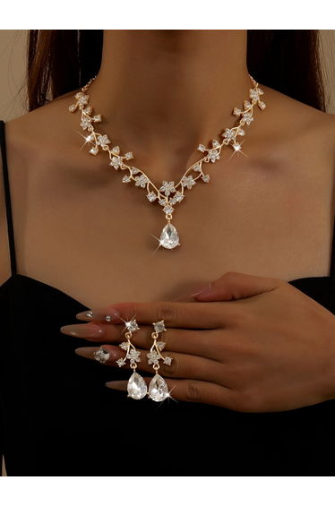2-Piece Rhinestone Drop Embellished Necklace and Earrings Jewelry Set