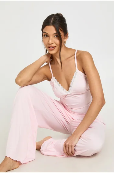 Jersey Lace Trim Cami & Trouser Pyjama Set - baby pink