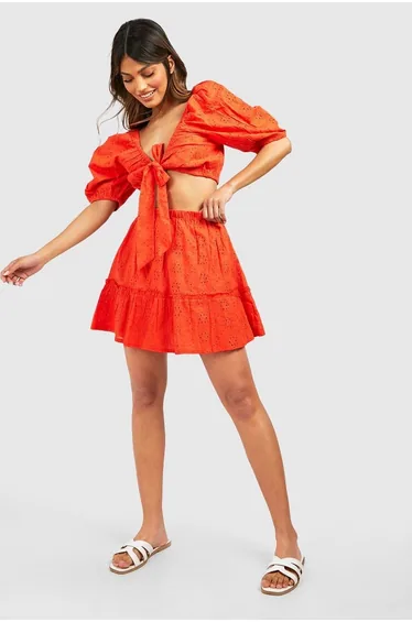 Broderie Knot Top & Ruffle Hem Skirt - red orange