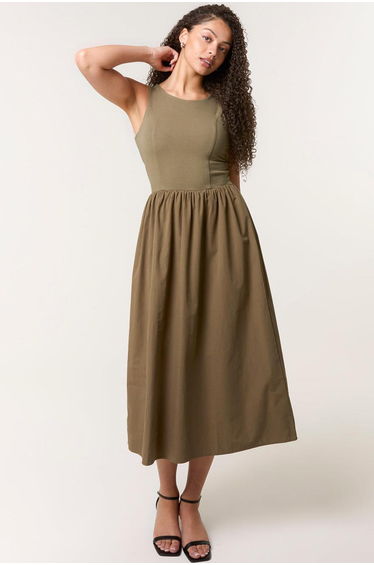 Mix Fabric Midi Dress