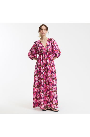 Floral Print Maxi Dress with V-Neck and Balloon Sleeves