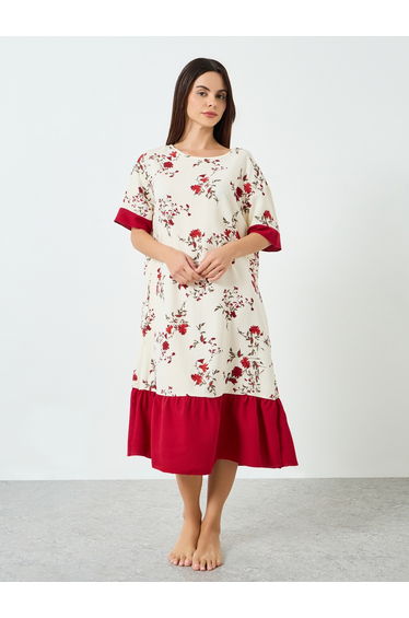 Women Floral Printed Short Sleeve Midi Nightdress