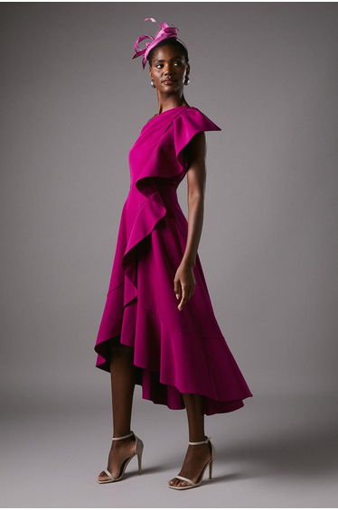 One Shoulder Crepe Ruffle Midi Dress