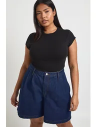 Plus Denim Pleated Boyfriend Short - indigo - 2
