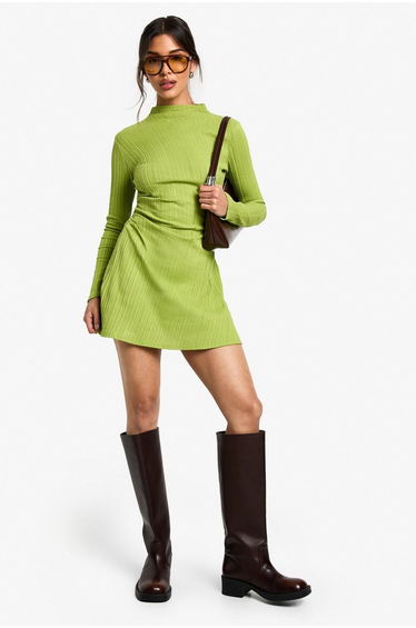 High neck Ruched Side Skater Dress - olive