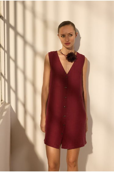 Burgundy 100% Linen Button Detail Mini Dress