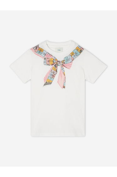 Fendi Girls Trompe l'oeil Bow Print T-Shirt in White