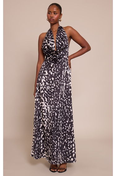 Printed Satin Cowl Neck Maxi Dress