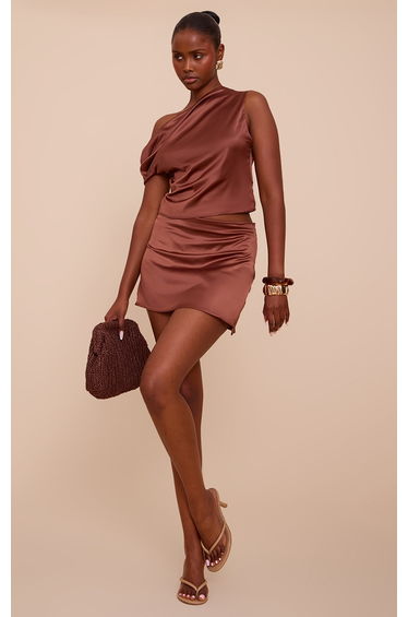Chocolate Satin Mid Rise Floaty A Line Mini Skirt