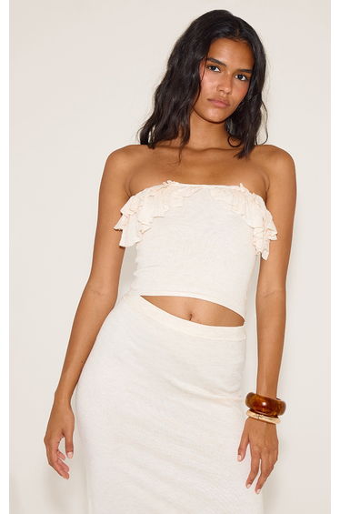 Oatmeal Fine Knit Bandeau Frill Top
