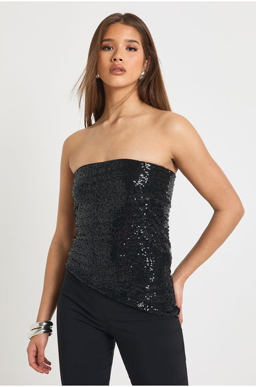 Sequin Bandeau Asym Hem Top - black