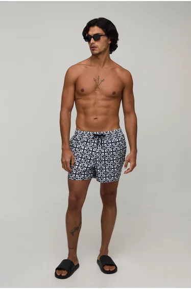 Abstract Printed Short Length Swim Short - navy