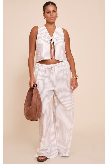 Plus Cream Pinstriped Tie Front Top