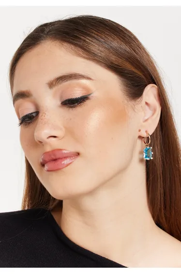 Sky-Blue Baguette Huggie Drop Earrings in Gold