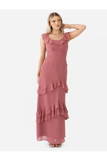 Anaya With Love Recycled Garnet Rose Ruffled Maxi Dress with Tie Back
