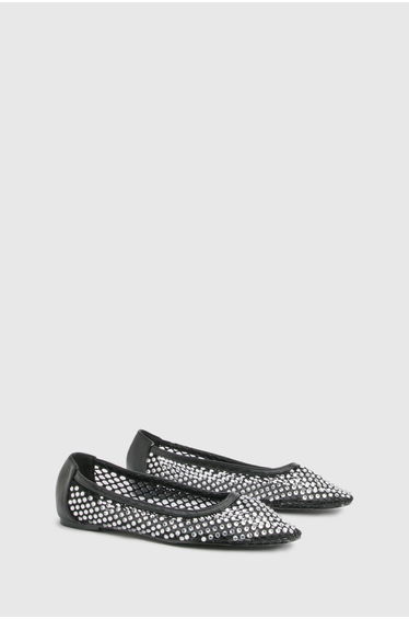 Diamante Mesh Ballet Flats - black