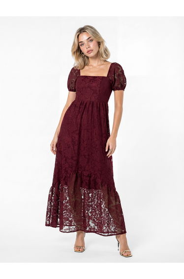 Lovedrobe Berry Floral Mesh Lace Square Neck Midaxi Dress