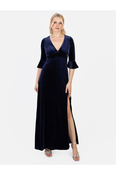 Maya Navy V Neck 3/4 Flute Sleeve Velvet Maxi Dress