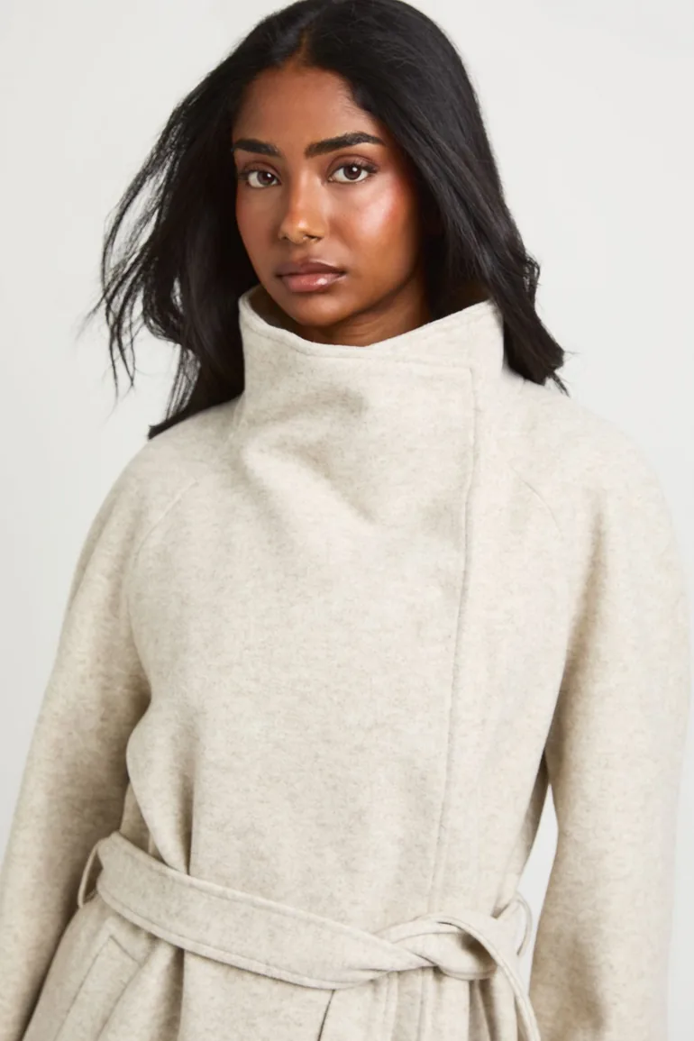 Funnel Neck Belted Wool Jacket - mushroom - 3