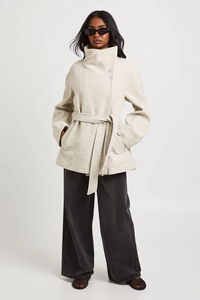Funnel Neck Belted Wool Jacket - mushroom