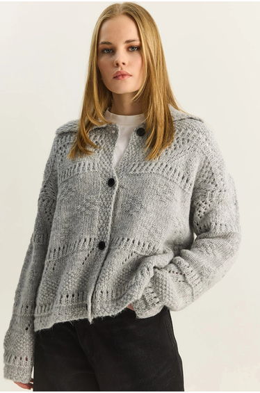 LUCCI Textured Polo Collar Button Cardigan