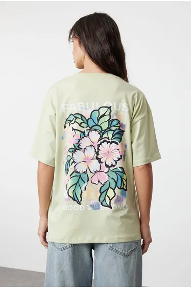 Mint 100% Cotton Back and Front Printed Oversize/Wide Cut Knitted T-Shirt