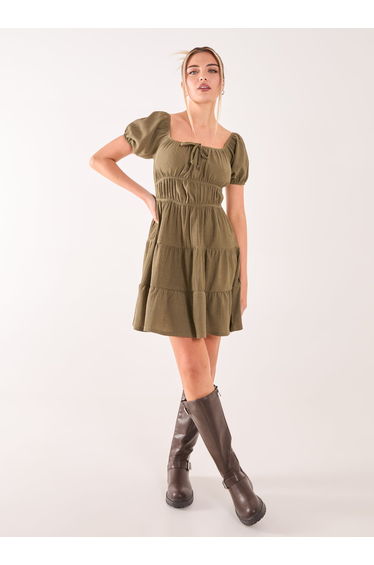 Crinkle Puff Sleeve Tiered Mini Dress