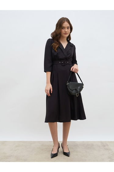 Solid Pleated A-Line Wrap Midi Dress