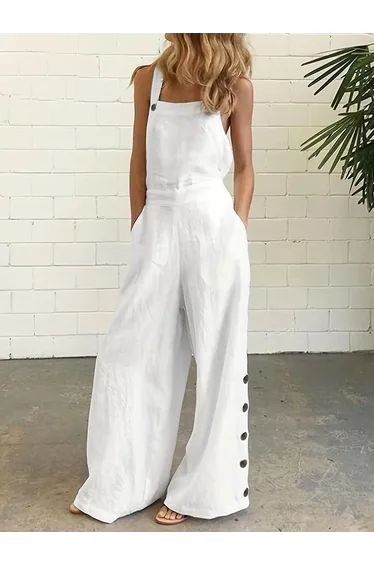 High Waisted Loose Buttoned Pockets Solid Color Spaghetti-Neck Overalls
