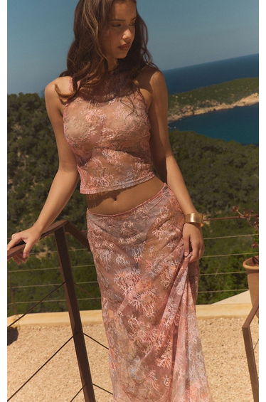 Peach Tie Dye Printed Lace Sheer Top Co-ord