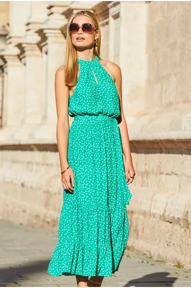Green & White Spot Print Keyhole Detail Midi Dress