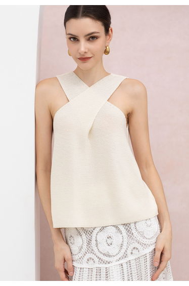 Crisscross Front Textured Knit Sleeveless Top in Ivory for Beach Vacations & Yacht Trips
