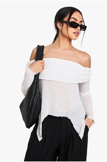 Sheer Mesh Bardot Top with Drape Detail - white