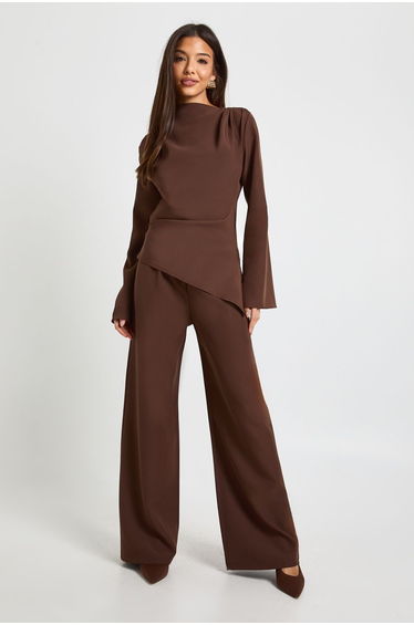 Draped Asymmetric Top & Wide Leg Trouser Co-ord - espresso