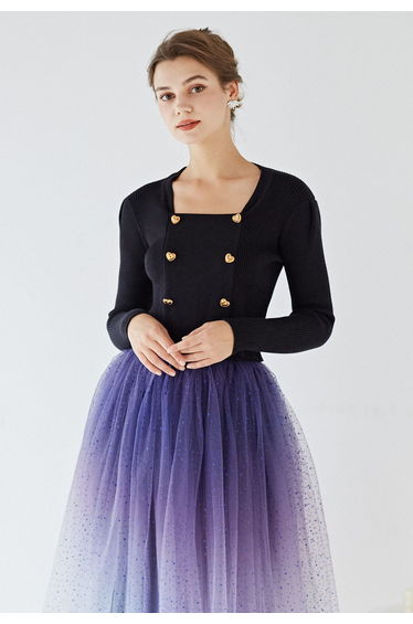 Heart-Shape Buttons Square Neck Knit Top in Black
