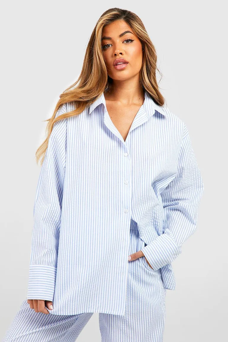 Cotton Pinstripe Oversized Pyjama Shirt - blue