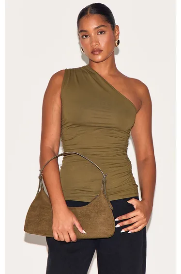 Olive Suede Elongated Curved Shoulder Bag