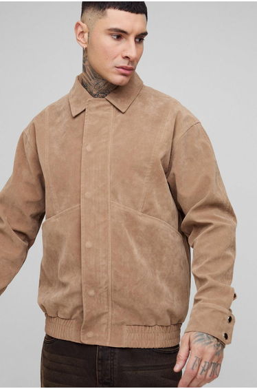 Tall Faux Suede Boxy Harrington Jacket - stone